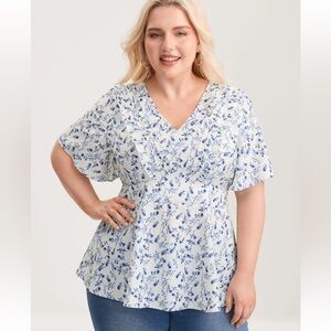 BloomChic Plus Size 3XL Floral Pleated Elastic Waist Ruffle Sleeve Blouse us22